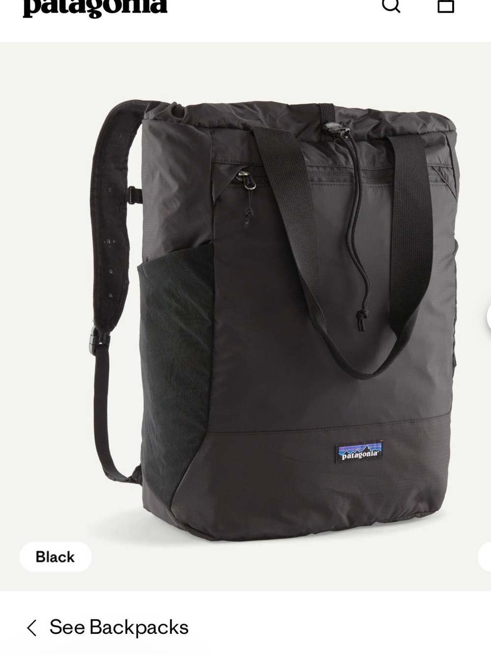 Patagonia Black Tote-Style Backpack with Dual Handles